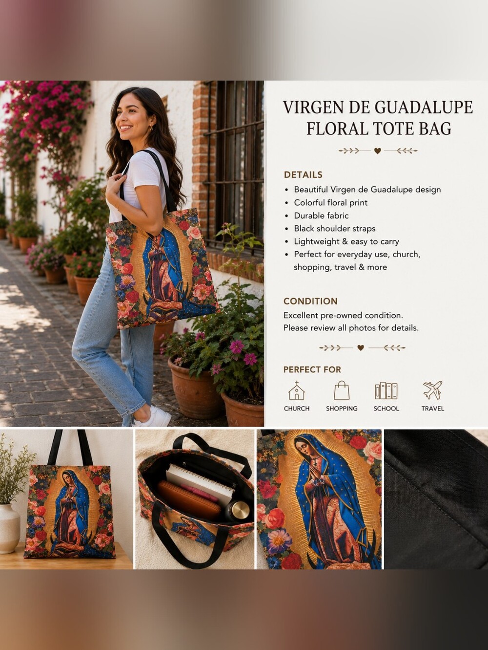 Virgin de Guadalupe Floral Tote Bag